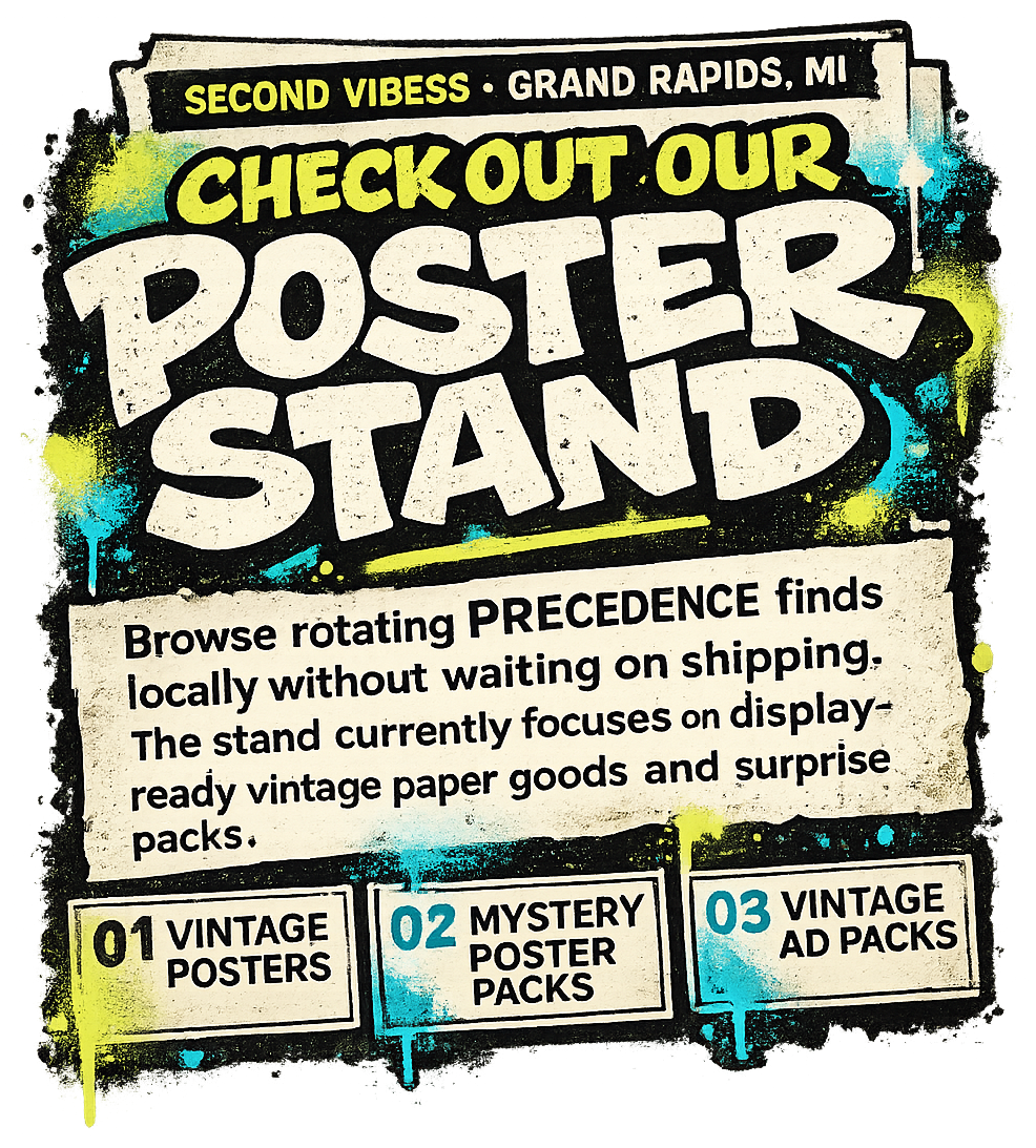 Check out our poster stand. Browse rotating PRECEDENCE finds locally without waiting on shipping. Vintage posters, mystery poster packs, and vintage ad packs.